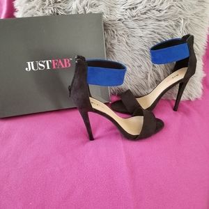 Suede black heels with blue ankle strap